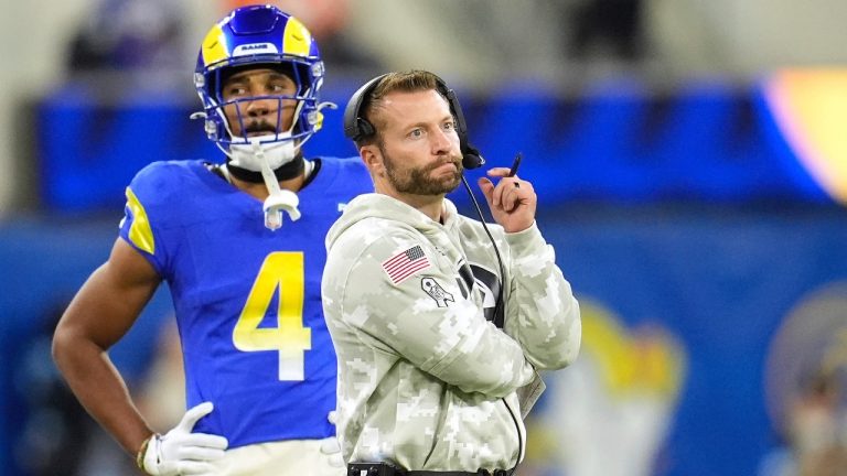 Los Angeles Rams head coach Sean McVay, right, stands on the sideline as cornerback Ahkello Witherspoon looks on during the second half of an NFL game against the Miami Dolphins, Monday, Nov. 11, 2024, in Inglewood, Calif. (AP)