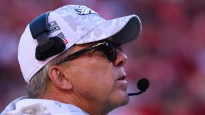 Denver Broncos head coach Sean Payton looks to the scoreboard during the second half of an NFL  game against the Kansas City Chiefs, Sunday, Nov. 10, 2024 in Kansas City, Mo. The Chiefs defeated the Broncos, 16-14. (AP)