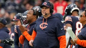 Chicago Bears offensive coordinator Shane Waldron looks on from the sideline during an NFL football game against the Jacksonville Jaguars at Tottenham Hotspur Stadium, Sunday, Oct. 13, 2024 in London. (Steve Luciano/AP)