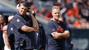 Chicago Bears offensive coordinator Shane Waldron, left, looks on from the sidelines during the second half of an NFL preseason game against the Cincinnati Bengals, Saturday, Aug. 17, 2024, in Chicago. (AP)