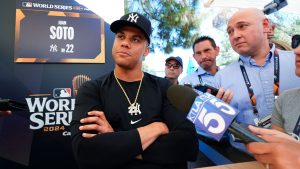 New York Yankees' Juan Soto speaks during media day for the baseball World Series, Thursday, Oct. 24, 2024, in Los Angeles. (Julio Cortez/AP Photo)