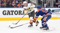 Oilers defenceman Troy Stecher exits vs. Golden Knights