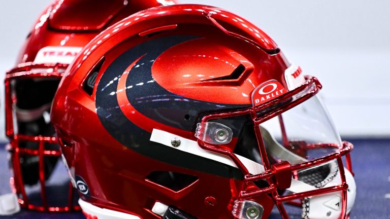 A detail view of a Houston Texans battle red helmet on the sideline during an NFL football game against Detriot Lions, Sunday, Nov 10, 2024 in Houston.  (Maria Lysaker/AP)