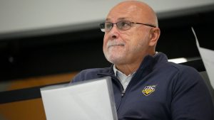 Nashville Predators general manager Barry Trotz watches a practice during NHL hockey training camp Thursday, Sept. 21, 2023 in Nashville, Tenn. (George Walker IV/AP Photo)