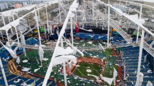 The roof of the Tropicana Field is damaged the morning after Hurricane Milton hit the region, Thursday, Oct. 10, 2024, in St. Petersburg, Fla. (Julio Cortez/AP Photo)