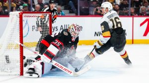 Vegas Golden Knights left wing Pavel Dorofeyev (16) scores on Ottawa Senators goaltender Linus Ullmark (35) during third period NHL hockey action in Ottawa on Thursday, Nov. 21, 2024. (Sean Kilpatrick/CP)