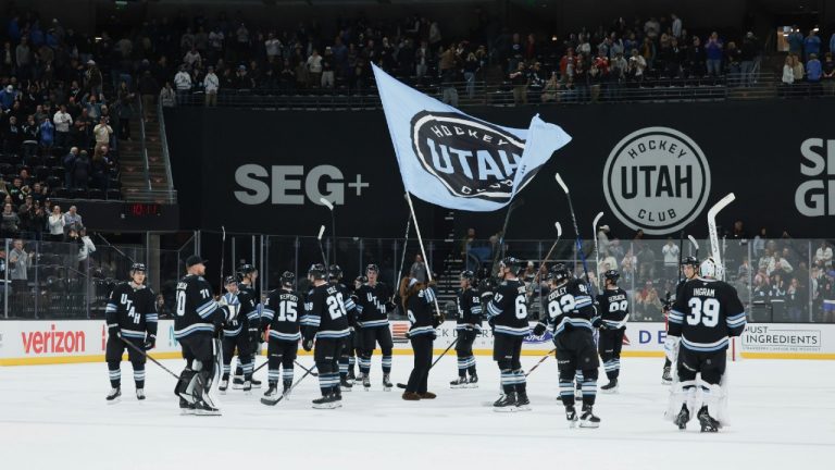 Utah Hockey Club celebrates the win against the Calgary Flames at the end of the third period during an NHL hockey game, Wednesday, Oct. 30, 2024, in Salt Lake City. (Melissa Majchrzak/AP)