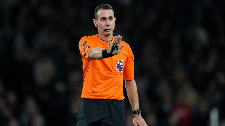 FILE - Referee David Coote reacts during the English Premier League soccer match between Tottenham Hotspur and Brighton and Brentford, at White Hart Lane Stadium in London, England, Wednesday , Jan 31, 2024. (Dave Shopland/AP)