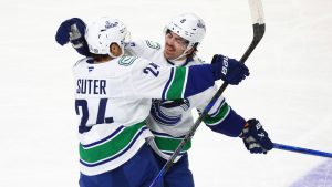 Vancouver Canucks center Pius Suter (24) celebrates after his goal with right wing Conor Garland (8) during the third period of an NHL hockey game against the Buffalo Sabres, Friday, Nov. 29, 2024, in Buffalo, N.Y. (Jeffrey T. Barnes/AP)