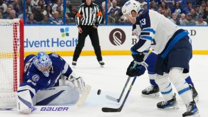 Winnipeg Jets center Gabriel Vilardi (13) shoots on Tampa Bay Lightning goaltender Andrei Vasilevskiy (88) during the first period of an NHL hockey game Thursday, Nov. 14, 2024, in Tampa, Fla. (Chris O'Meara/AP)