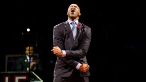 Former Toronto Raptors player Vince Carter reacts during his number retirement ceremony at halftime of an NBA basketball game between the Toronto Raptors and the Sacramento Kings in Toronto on Saturday, November 2, 2024. (Christopher Katsarov/CP)