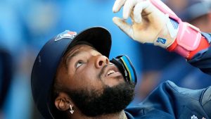 Toronto Blue Jays' Vladimir Guerrero Jr. celebrates after hitting a solo-home run during the third inning of a baseball game against the Los Angeles Angels, Tuesday, Aug. 13, 2024, in Anaheim, Calif. (Ryan Sun/AP Photo)