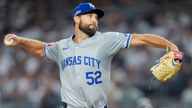 Kansas City Royals pitcher Michael Wacha (52) delivers against the New York Yankees during the first inning of Game 1 of the American League baseball division series, Saturday, Oct. 5, 2024, in New York. (Frank Franklin II/AP Photo)