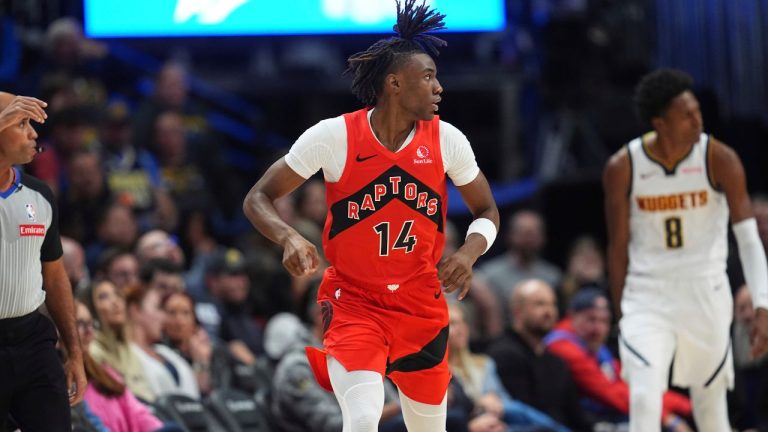 Toronto Raptors guard Ja'Kobe Walter (14) in the first half of an NBA basketball game Monday, Nov. 4, 2024, in Denver. (David Zalubowski/AP Photo)