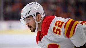 Calgary Flames' MacKenzie Weegar in action during an NHL hockey game against the Philadelphia Flyers, Saturday, Jan. 6, 2024, in Philadelphia. (Derik Hamilton/AP)