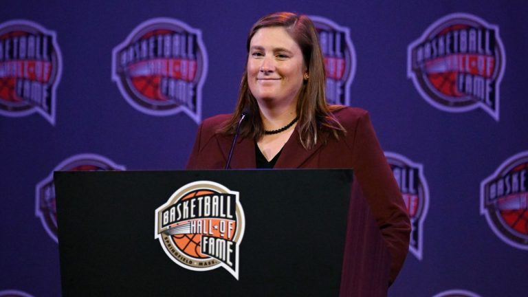 Basketball Hall of Fame Class of 2022 inductee Lindsay Whalen speaks at a news conference at Mohegan Sun, Friday, Sept. 9, 2022, in Uncasville, Conn. (Jessica Hill/AP)