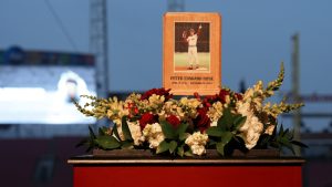 Baseball fans line up to pay their respects to Cincinnati Reds legend Pete Rose during a public visitation, Sunday, Nov. 10, 2024, at Great American Ball Park in Cincinnati. (Kareem Elgazzar/AP)