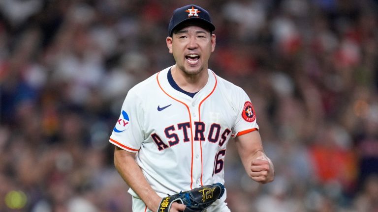 Houston Astros starting pitcher Yusei Kikuchi reacts after striking out Kansas City Royals' Bobby Witt Jr. to end the top of the sixth inning of a baseball game Saturday, Aug. 31, 2024, in Houston. (Eric Christian Smith/AP)