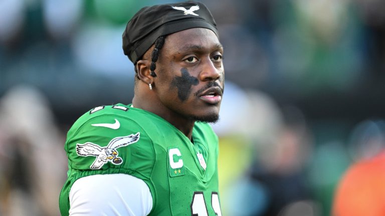 Philadelphia Eagles wide receiver A.J. Brown looks on during pre-game warm-ups before an NFL football game against the Jacksonville Jaguars, Sunday, Nov. 3, 2024, in Philadelphia. (Terrance Williams/AP)