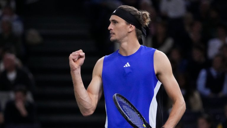 Germany's Alexander Zverev celebrates during his semifinal victory over Holger Rune at the Paris Masters on Saturday, Nov. 2. (Thibault Camus/AP)