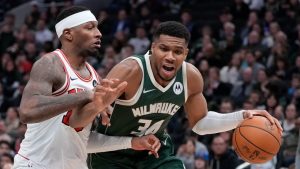 Milwaukee Bucks' Giannis Antetokounmpo tries to get past Chicago Bulls' Torrey Craig during the second half of an NBA basketball game Wednesday, Nov. 20, 2024, in Milwaukee. (Morry Gash/AP)