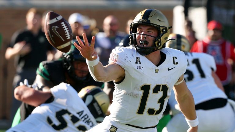 Army quarterback Bryson Daily (13) pitches the ball to a teammate on a play against North Texas in the first half of an NCAA football game Saturday, Nov. 9, 2024, in Denton, Texas. (Richard W. Rodriguez/AP Photo)