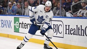 Toronto Maple Leafs' Auston Matthews (34) controls the puck during the second period of an NHL hockey game against the St. Louis Blues Saturday, Nov. 2, 2024, in St. Louis. (Connor Hamilton/AP)