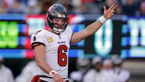 Tampa Bay Buccaneers quarterback Baker Mayfield (6) reacts during an NFL football game against the New York Giants Sunday, Nov. 24, 2024, in East Rutherford, N.J. (Adam Hunger/AP)