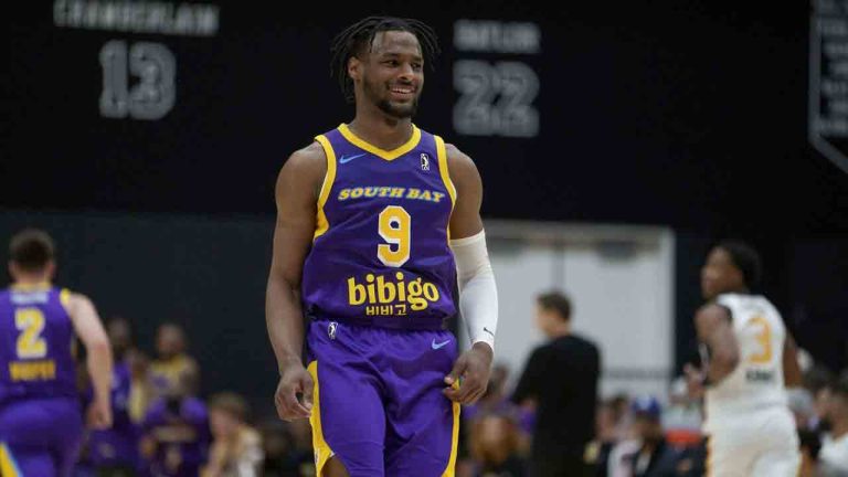 South Bay Lakers guard Bronny James (9) walks on the court during the first half of an NBA G League basketball game against the Salt Lake City Stars Saturday, Nov. 9, 2024, in El Segundo, Calif. (Eric Thayer/AP)