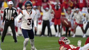 Denver Broncos kicker Wil Lutz (3) chases after the ball after his last-second field goal attempt was blocked during the second half of an NFL football game against the Kansas City Chiefs. Charlie Riedel/AP)