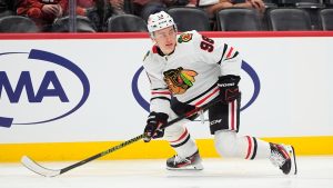 Chicago Blackhawks center Connor Bedard (98) in the second period of an NHL hockey game Monday, Oct. 28, 2024, in Denver. (David Zalubowski/AP)