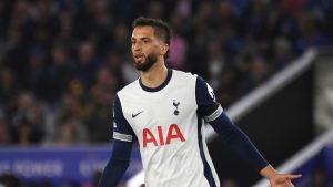 Tottenham's Rodrigo Bentancur during the English Premier League soccer match between Leicester and Tottenham Hotspur at King Power Stadium in Leicester, England, Monday, Aug. 19, 2024. (Rui Vieira/AP)