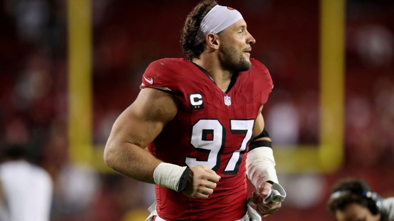 San Francisco 49ers defensive end Nick Bosa (97) after an NFL football game against the Dallas Cowboys, Sunday, October 27, 2024, in Santa Clara, Calif. (Scot Tucker/AP Photo)