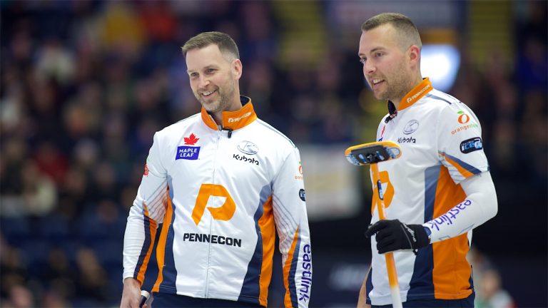 Brad Gushue (left) and Brendan Bottcher (right) in action at the KIOTI National on Nov. 27, 2024, in St. John's, N.L. (Anil Mungal/GSOC)