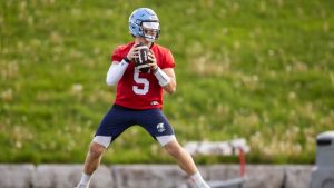 Toronto Argonauts quarterback Bryan Scott (5) participates in a drill during CFL training camp at Alumni Stadium. (Nick Iwanyshyn/THE CANADIAN PRESS)