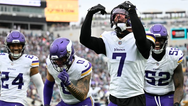 Minnesota Vikings cornerback Byron Murphy Jr. (7) celebrates after intercepting a pass during the second half of an NFL football game against the Jacksonville Jaguars, Sunday, Nov. 10, 2024, in Jacksonville, Fla. (Phelan M. Ebenhack/AP)