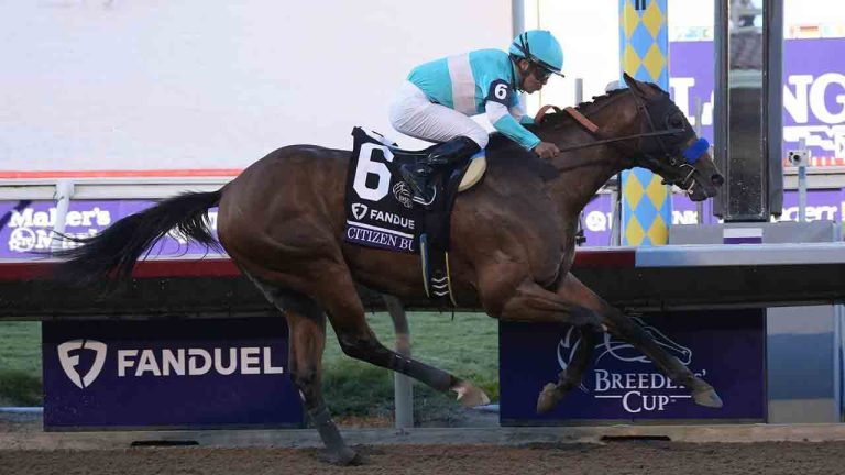 Martin Garcia rides Citizen Bull to victory in the Breeders' Cup Juvenile horse race at Santa Anita Park in Del Mar, Calif., Friday, Nov. 1, 2024. (Gregory Bull/AP)