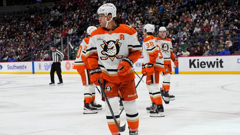 Anaheim Ducks defenceman Cam Fowler (4) in the first period of an NHL hockey game Friday, Oct. 18, 2024, in Denver. (David Zalubowski/AP)