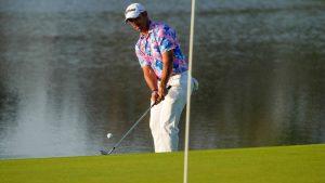 Rafael Campos, of Puerto Rico, chips onto the second green during the final round of the Mexico Open golf tournament in Puerto Vallarta, Mexico, Sunday, Feb. 25, 2024. (Fernando Llano/AP)