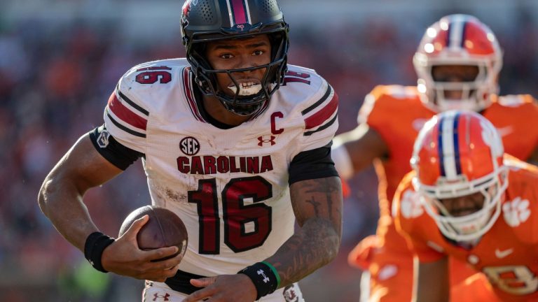 South Carolina quarterback LaNorris Sellers (16) scores a touchdown in the second half of an NCAA college football game against Clemson, Saturday, Nov. 30, 2024, in Clemson, S.C. (Jacob Kupferman/AP Photo)