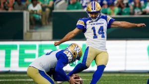 Winnipeg Blue Bombers kicker Sergio Castillo (14) kicks a field goal against Saskatchewan Roughriders during the second half of CFL football action in Regina, on Sunday, September 1, 2024. (Heywood Yu/CP)