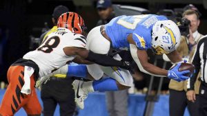 Los Angeles Chargers running back J.K. Dobbins (27) jumps into the end zone to score a rushing touchdown past Cincinnati Bengals cornerback Josh Newton (28) during the second half of an NFL football game Sunday, Nov. 17, 2024, in Inglewood, Calif. (Gregory Bull/AP)