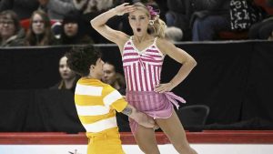 Piper Gilles and Paul Poirier of Canada perform during the rhythm dance of the ice dance at the international figure skating competition Finlandia Trophy in Helsinki, Saturday, Nov. 16, 2024. THE CANADIAN PRESS/Vesa Moilanen/Lehtikuva via AP