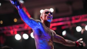 Charles Oliveira celebrates after defeating Beneil Dariush by technical knockout during a UFC 289 lightweight bout, in Vancouver, on Saturday, June 10, 2023. (Darryl Dyck/CP)