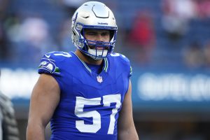 Seattle Seahawks center Connor Williams warms up before an NFL football game against the San Francisco 49ers, Thursday, Oct. 10, 2024 in Seattle. The 49ers won 36-24. (AP Photo/Lindsey Wasson)