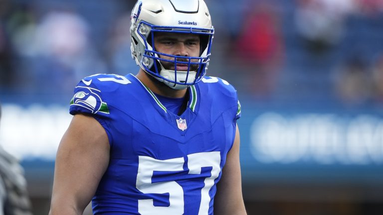 Seattle Seahawks center Connor Williams warms up before an NFL football game against the San Francisco 49ers, Thursday, Oct. 10, 2024 in Seattle. The 49ers won 36-24. (AP Photo/Lindsey Wasson)