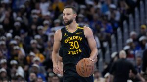 Golden State Warriors guard Stephen Curry during an Emirates NBA Cup basketball game.(Jeff Chiu/AP)