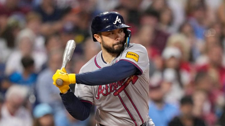 Atlanta Braves' Travis d'Arnaud plays during a baseball game, Thursday, Aug. 29, 2024, in Philadelphia. (Matt Slocum/AP Photo)