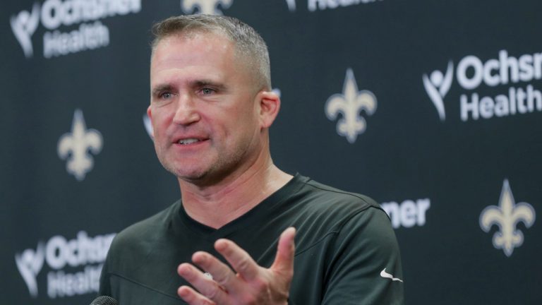 Darren Rizzi talks with the media at the New Orleans Saints' training facility in Metairie, La., Monday, Nov. 4, 2024. (David Grunfeld/The Times-Picayune/The New Orleans Advocate via AP)