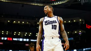 Sacramento Kings forward DeMar DeRozan (10) looks on during first half NBA action against the Toronto Raptors, in Toronto on Saturday, November 2, 2024. (Christopher Katsarov/CP)